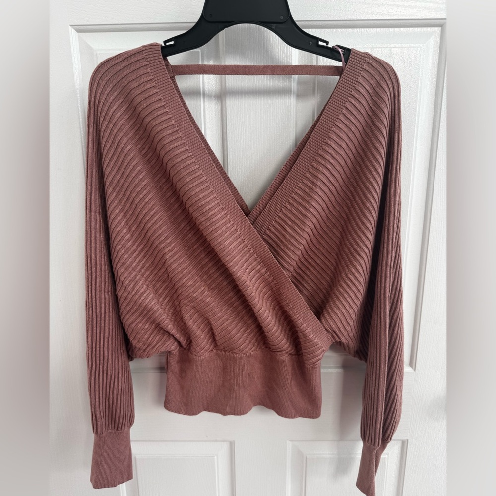 Love Tree Ribbed V-Neck  Knit Sweater in a maroon, copper color